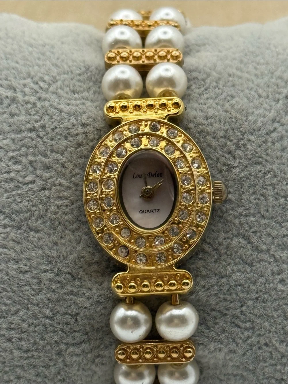 Womans Louis Delon Gold Crystal & Pearl Bracelet Watch